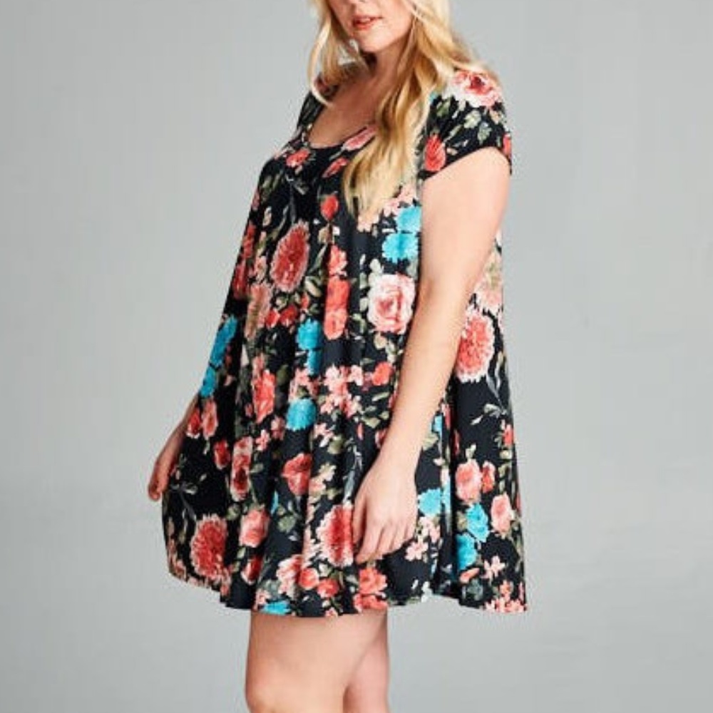 Plus Black Floral Babydoll Swing Tunic Mini Dress - Picture 2 of 6